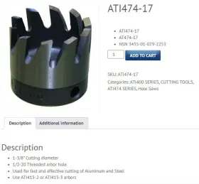 At474-17 Spenro Aircraft Tools Aero Industrial Tool Company Hole Saw 1 Inch And 3/8 Ths
